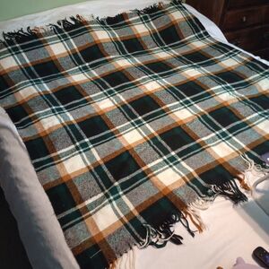 Vintage Troy Leisure Blanket 48x50 Green Plaid Wool Blend Made in USA Lap Size
